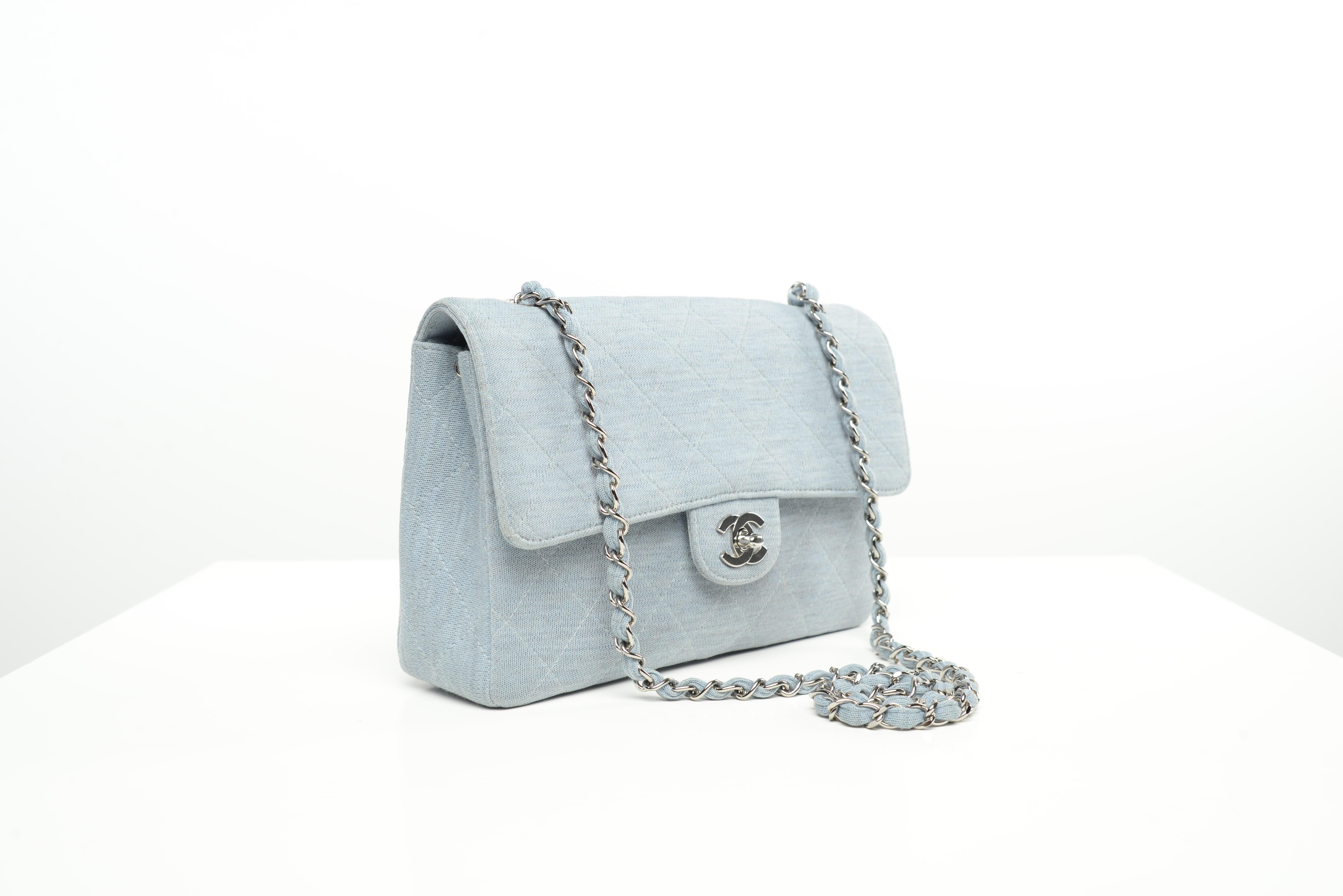 Women's or Men's Chanel Flap Bag Light Blue Denim Look SHW 