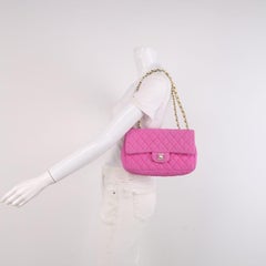 Chanel Flap Bag Medium Pink Perforated Yellow Patent Leather Strap 2009-10
