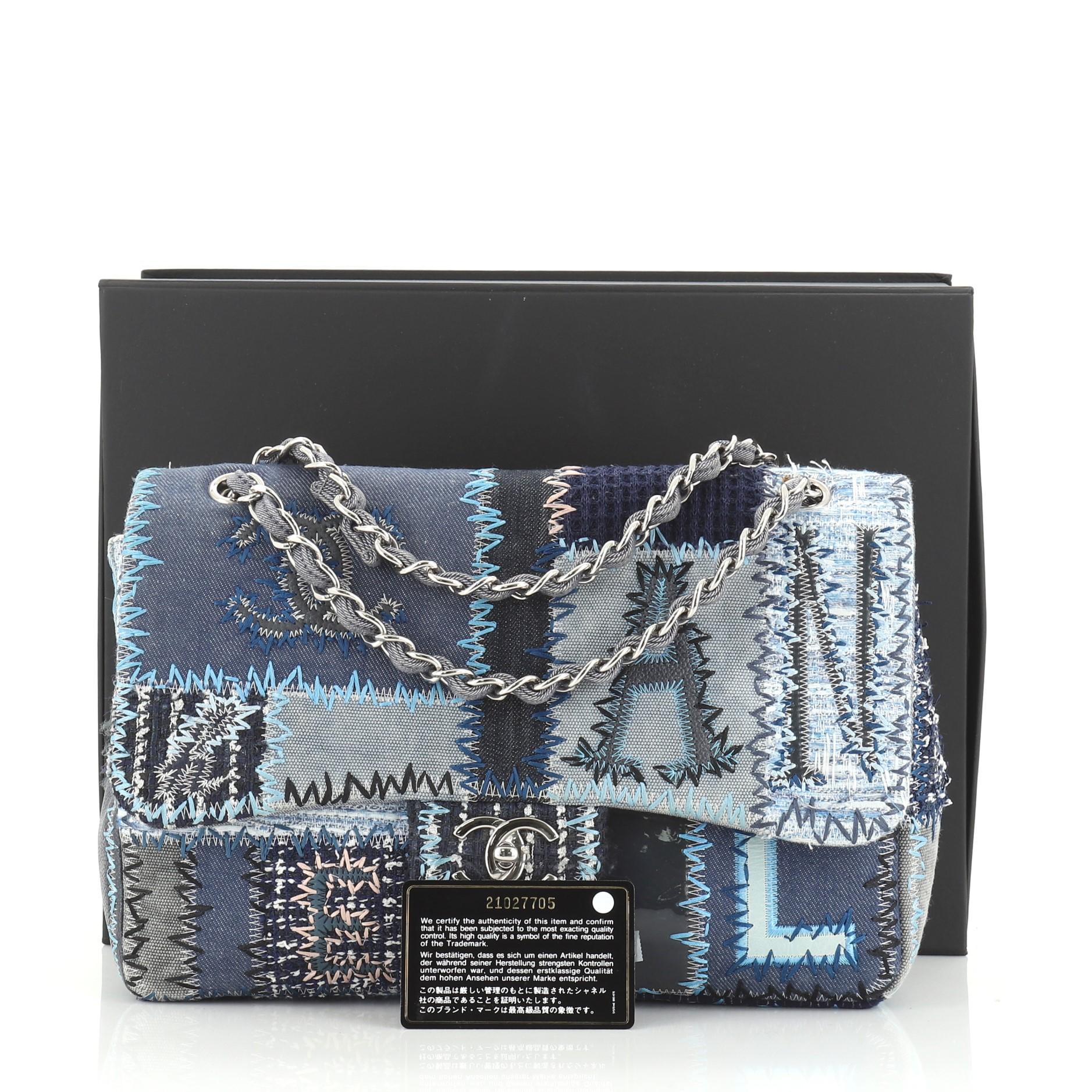 This Chanel Flap Bag Multicolor Patchwork Jumbo, crafted in blue patchwork denim, features woven-in leather chain straps, contrast stitching, and silver-tone hardware. Its CC turn-lock closure opens to a blue fabric interior with zip and slip