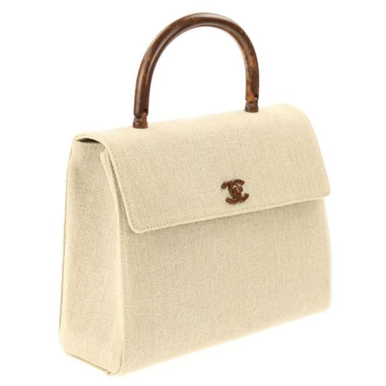 Chanel Flap Bag with Top Handle Wood Beige Canvas Satchel