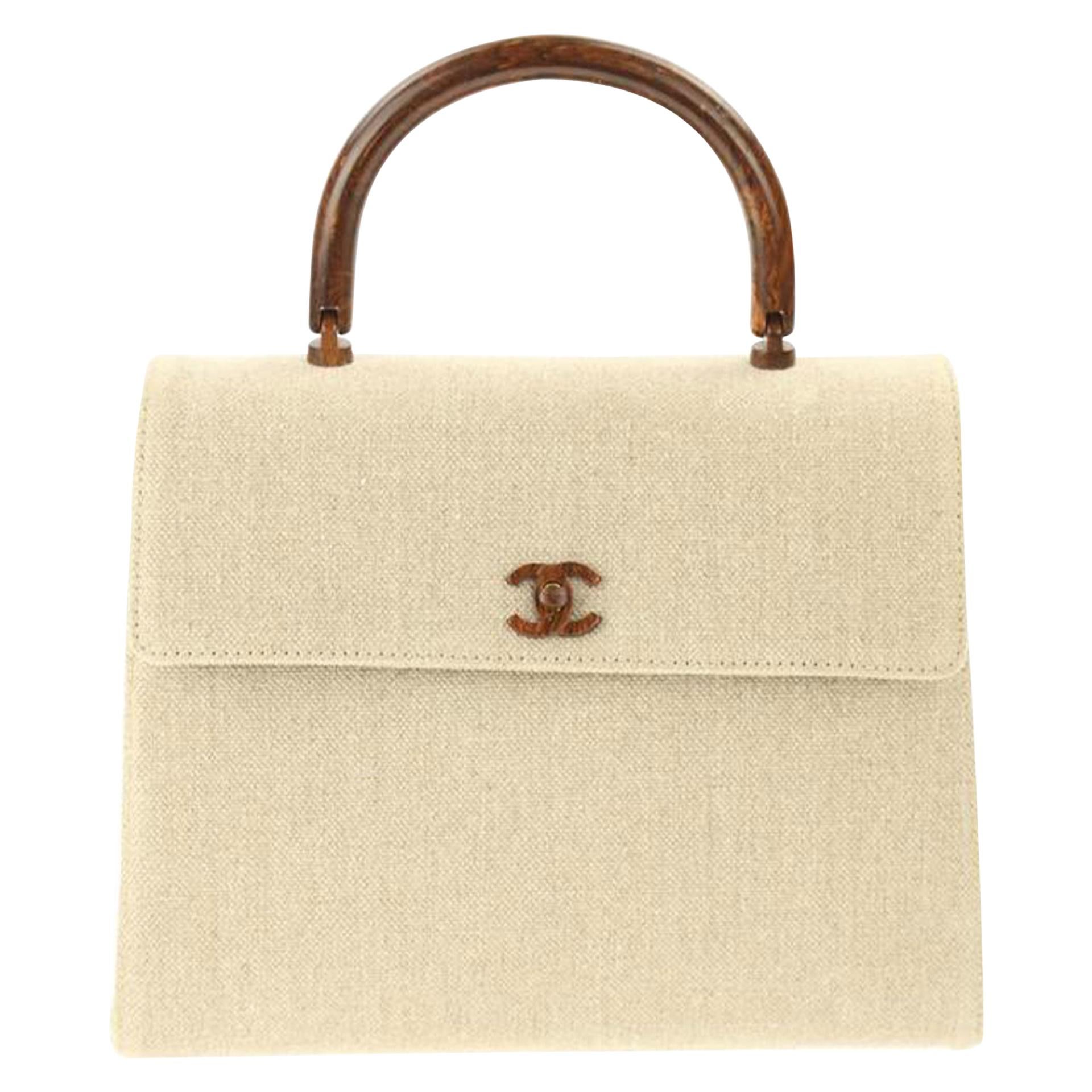 Chanel Flap Bag with Top Handle Wood Beige Canvas Satchel