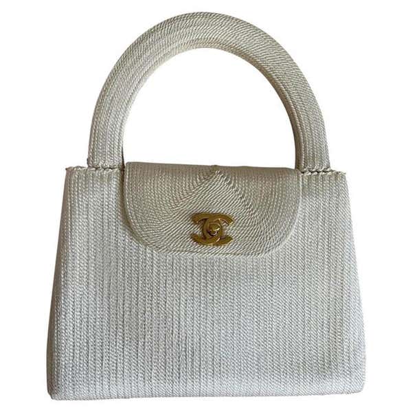 Chanel Flap Bag with Woven Silk Vintage Top Handle Off White Beige ...