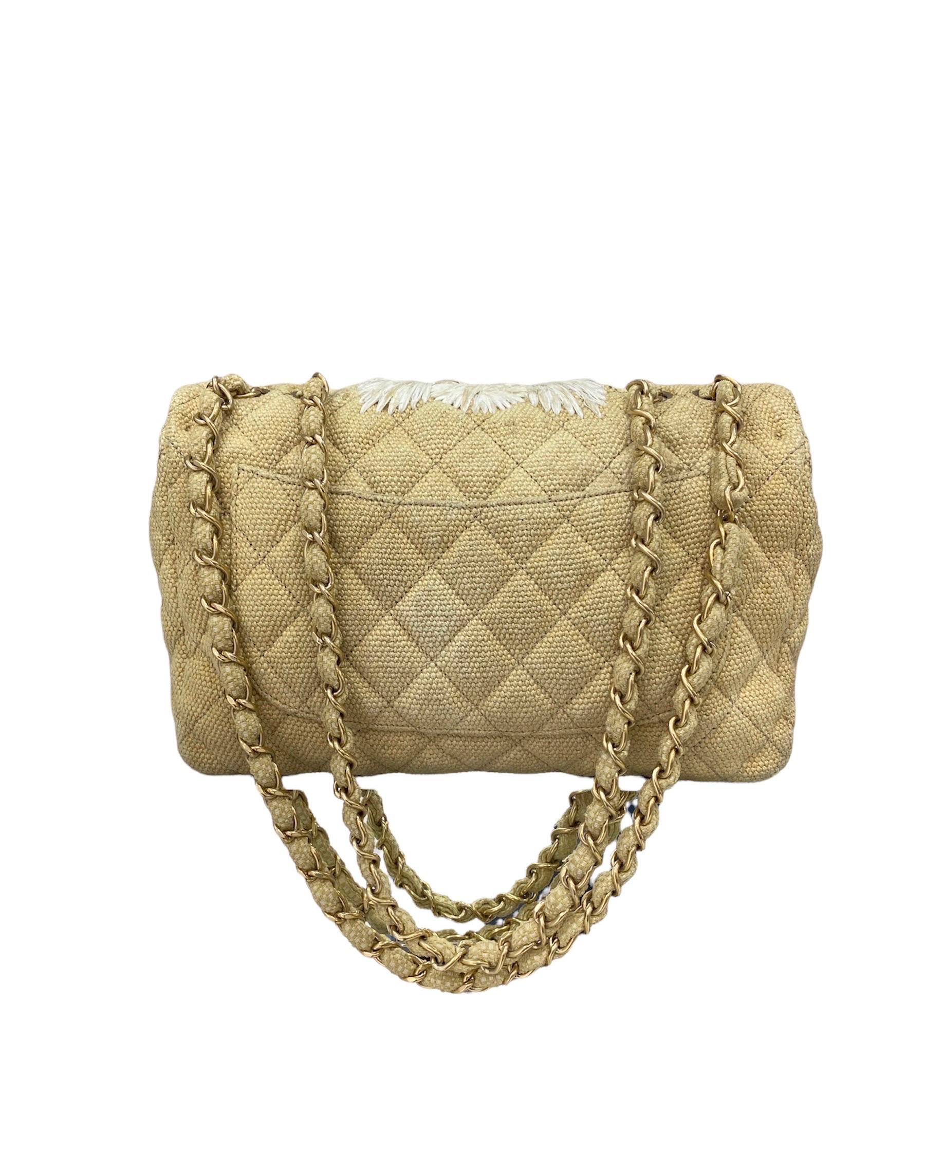 Chanel Flap Beige Canvas Flowers Borsa a Tracolla In Good Condition For Sale In Torre Del Greco, IT