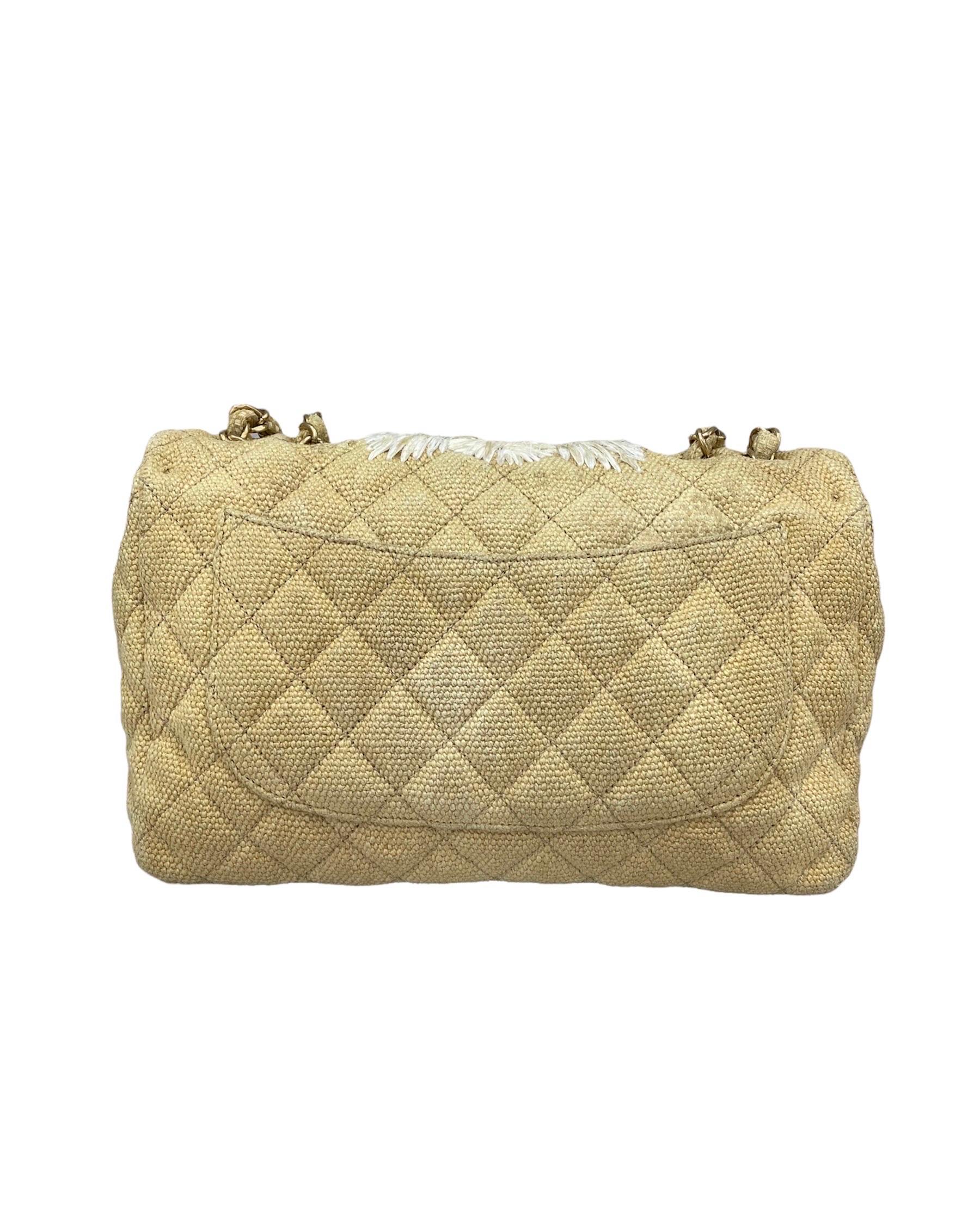 Chanel Flap Beige Canvas Flowers  For Sale 1