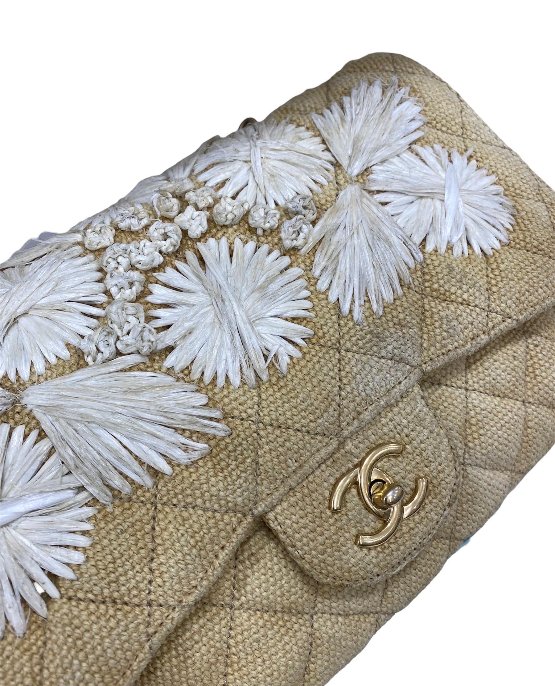 Chanel Flap Beige Canvas Flowers  For Sale 2
