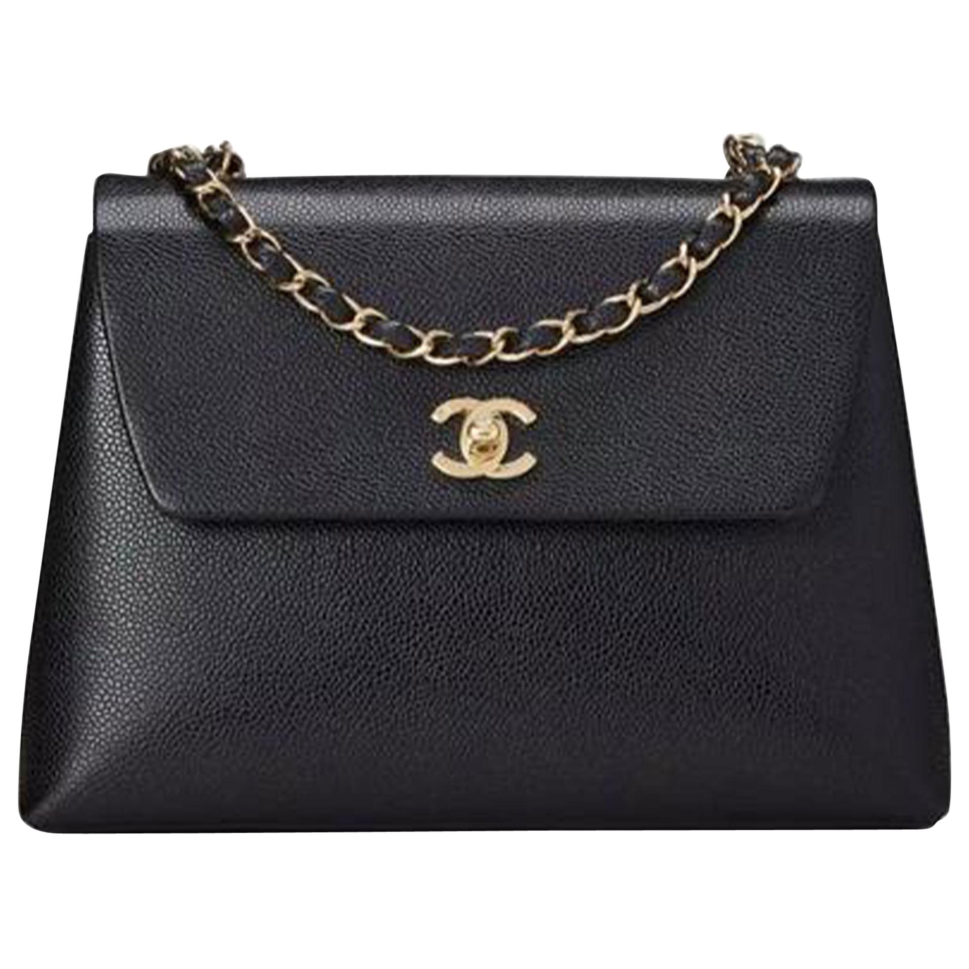 Chanel Flap Box Vintage 1997 Classic Single Rare Black Caviar Leather Bag  For Sale at 1stDibs