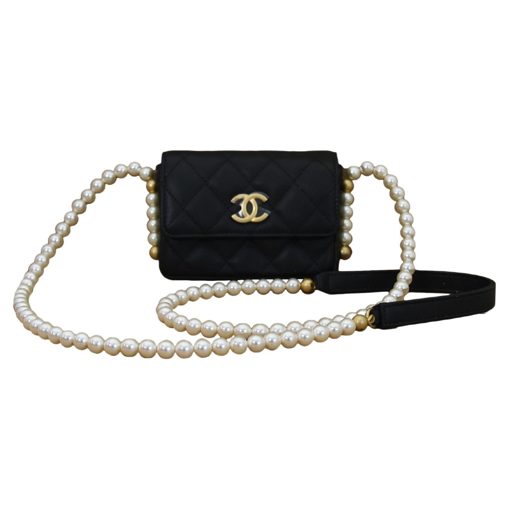 Chanel Flap Card Holder with Pearl Chain Black