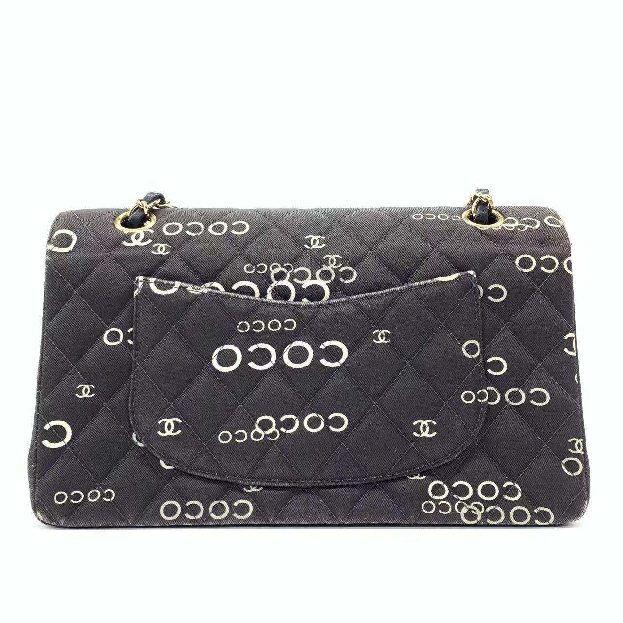 Black Chanel Flap Diamond Stitch 2002 Denim with Coco Logo Prints 24k Gold Hardware For Sale