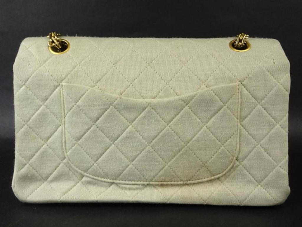 Brown Chanel Flap Quilted Grey Classic Double Flap215748 Cream Cotton Shoulder Bag For Sale