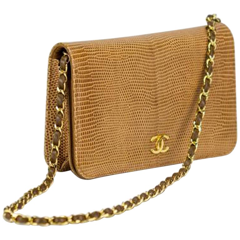 Chanel 80's Flap w Top Handle Clutch Exotic Convertible Caramel Lizard Skin Bag For Sale