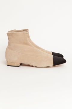 Chanel Flat Ankle Boots in Beige Suede w/ Black Satin Cap Toe New w/ Box