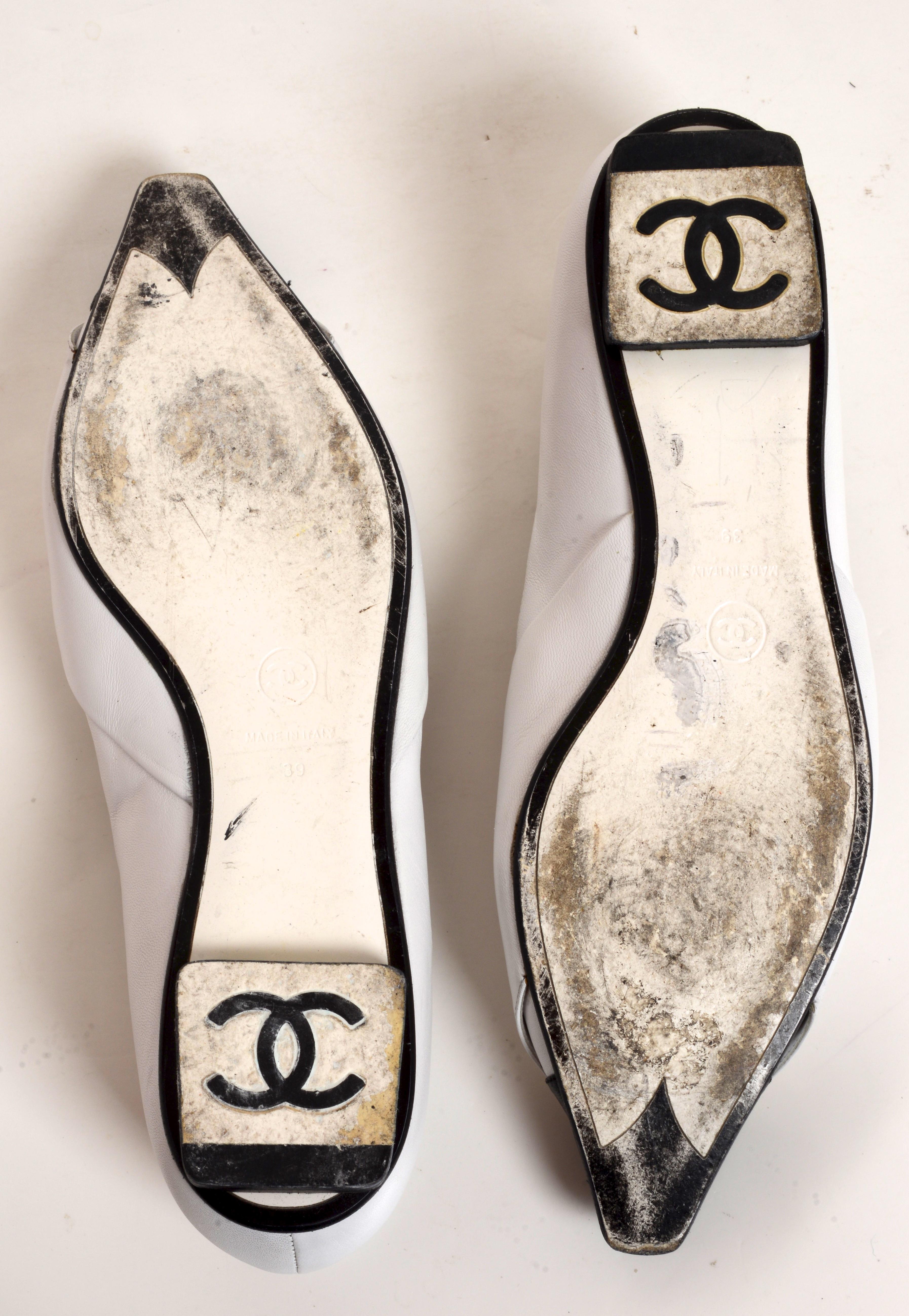 Women's Chanel Flats Tuxedo Collar With Gold CC Barbell Stays, White and Black Leather