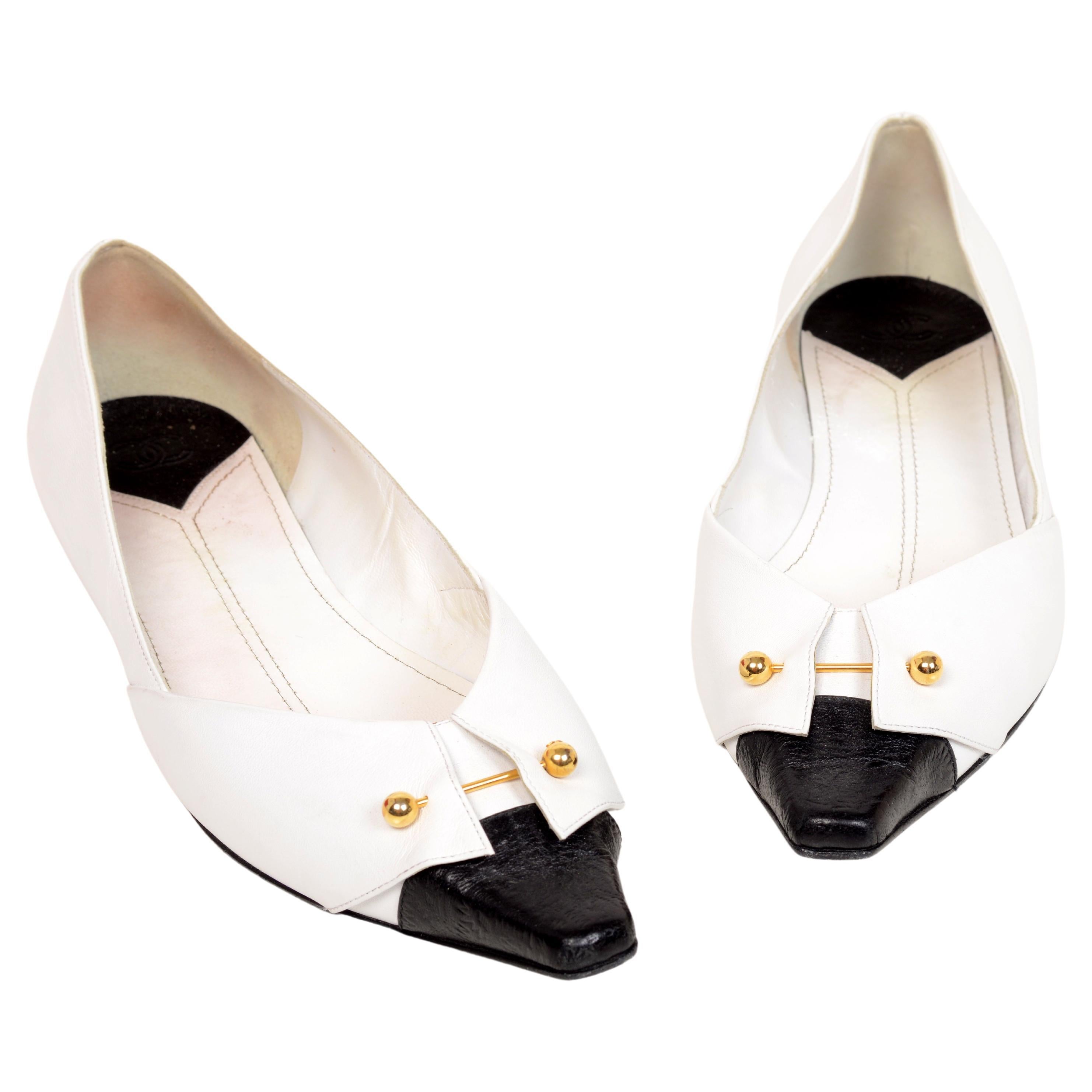 Chanel Flats Tuxedo Collar With Gold CC Barbell Stays, White and Black  Leather at 1stDibs