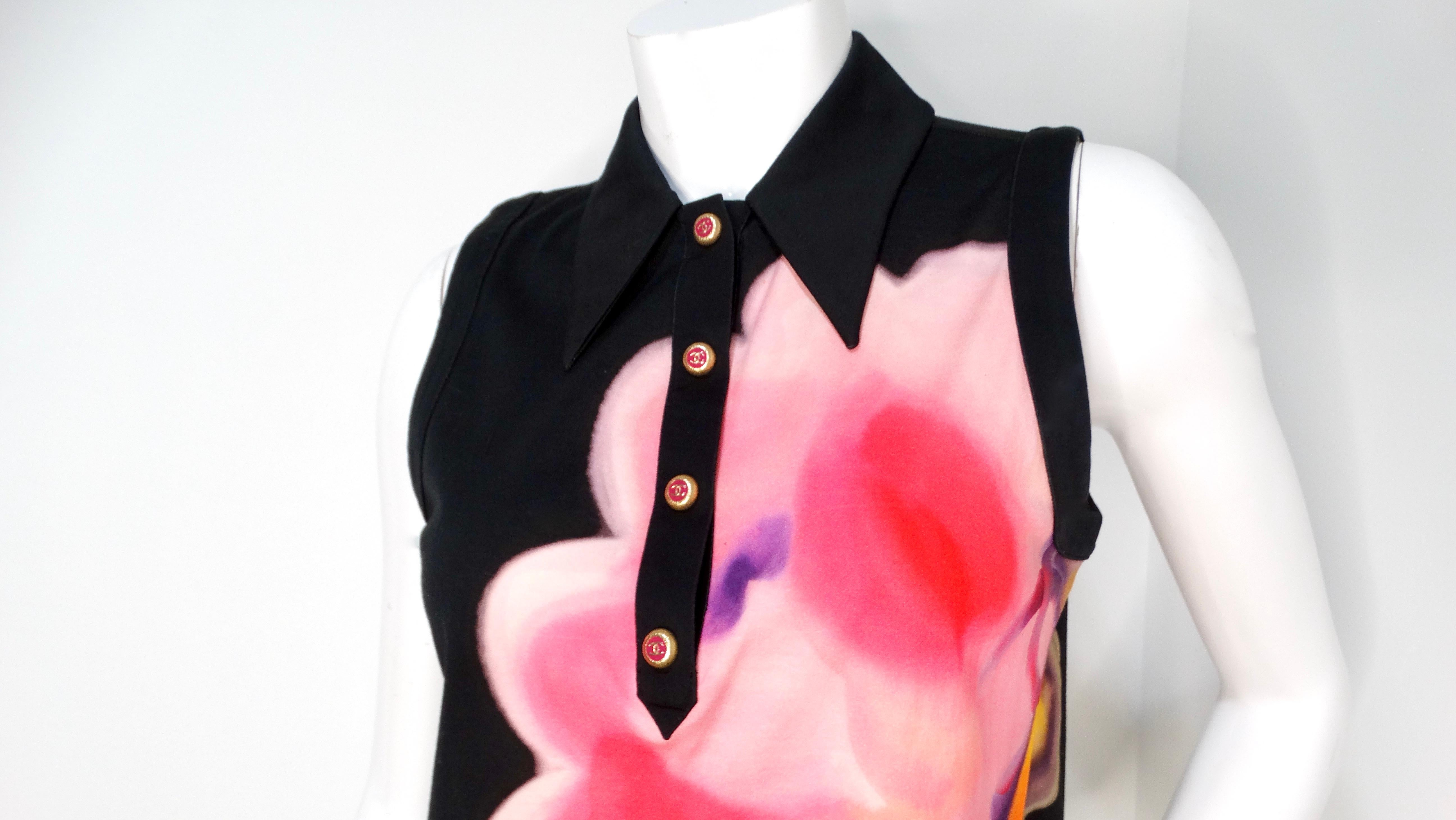 Pink Chanel Floral CC Print Cotton Sleeveless Button-Down Top For Sale
