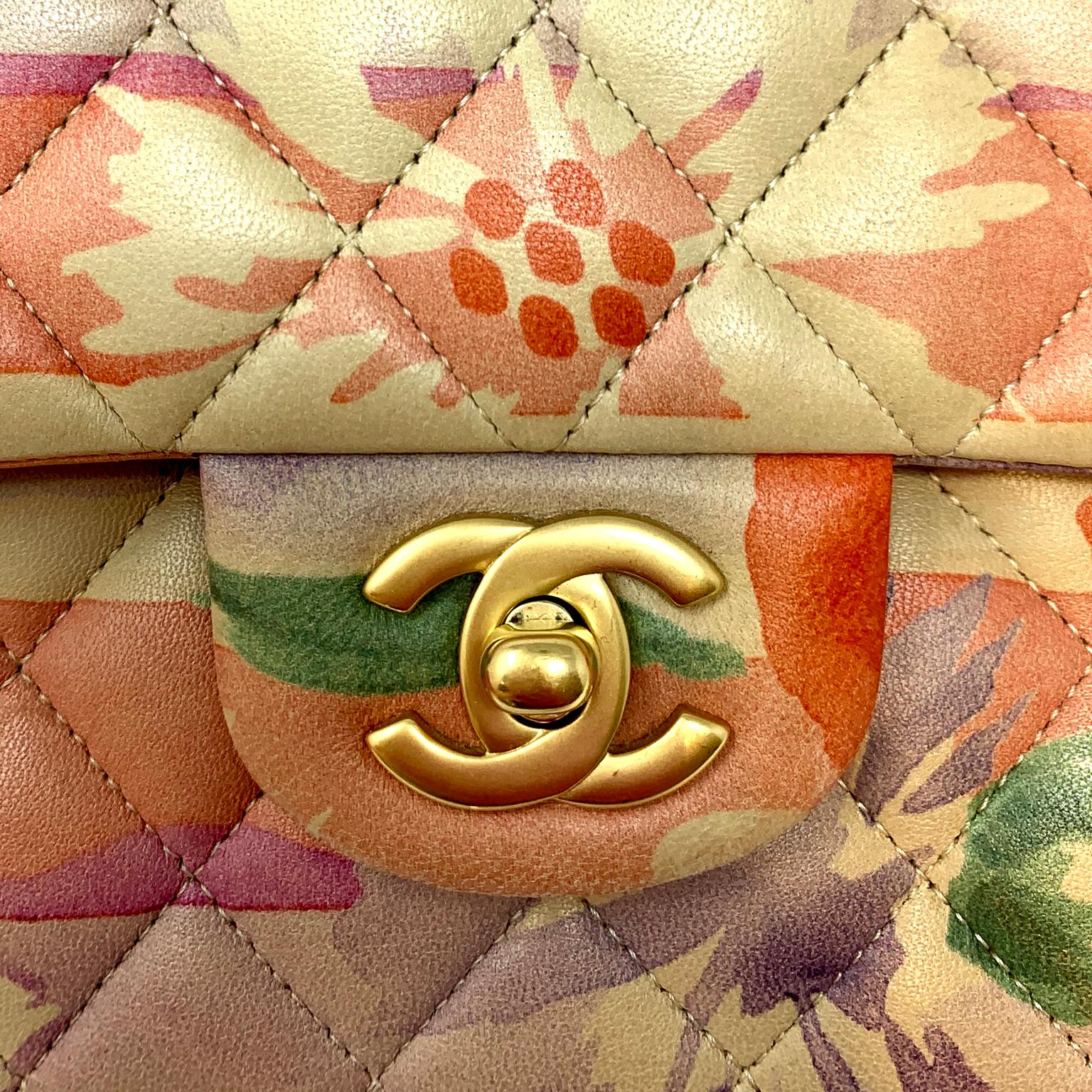 Beige Chanel Floral Watercolor Double Flap Bag