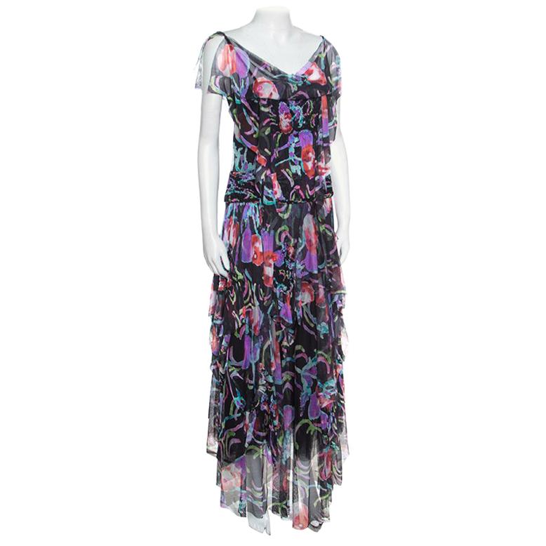 Chanel Floral Watercolor Printed Silk Knit Tiered Handkerchief Maxi Dress S