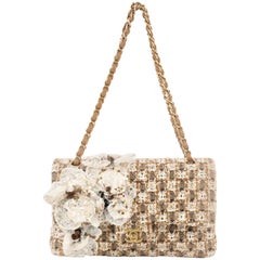 Chanel Flower Applique Classic Double Flap Bag Quilted Tweed Medium