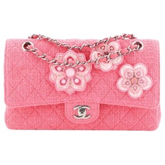 Chanel Flower Applique Classic Double Flap Bag Quilted Tweed Medium