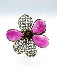 CHANEL FLOWER brooch pink pate de verre petals and rhinestone petals, early 1980