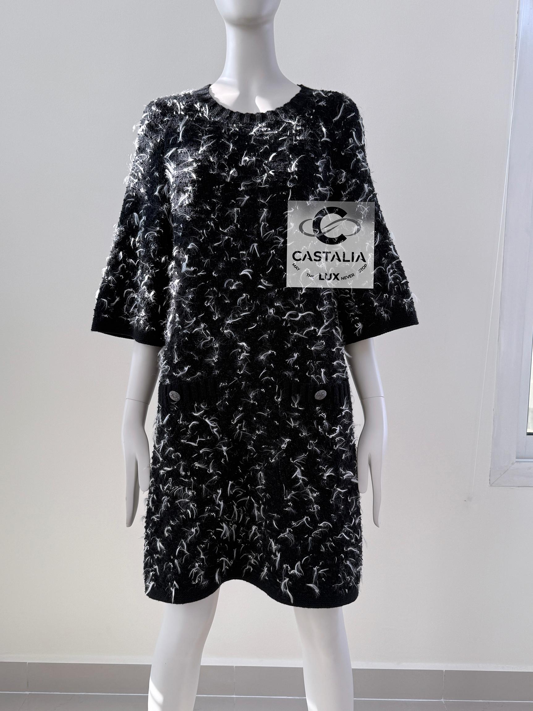 Black Chanel Fluffy Boucle Knit Relaxed Dress 38 FR