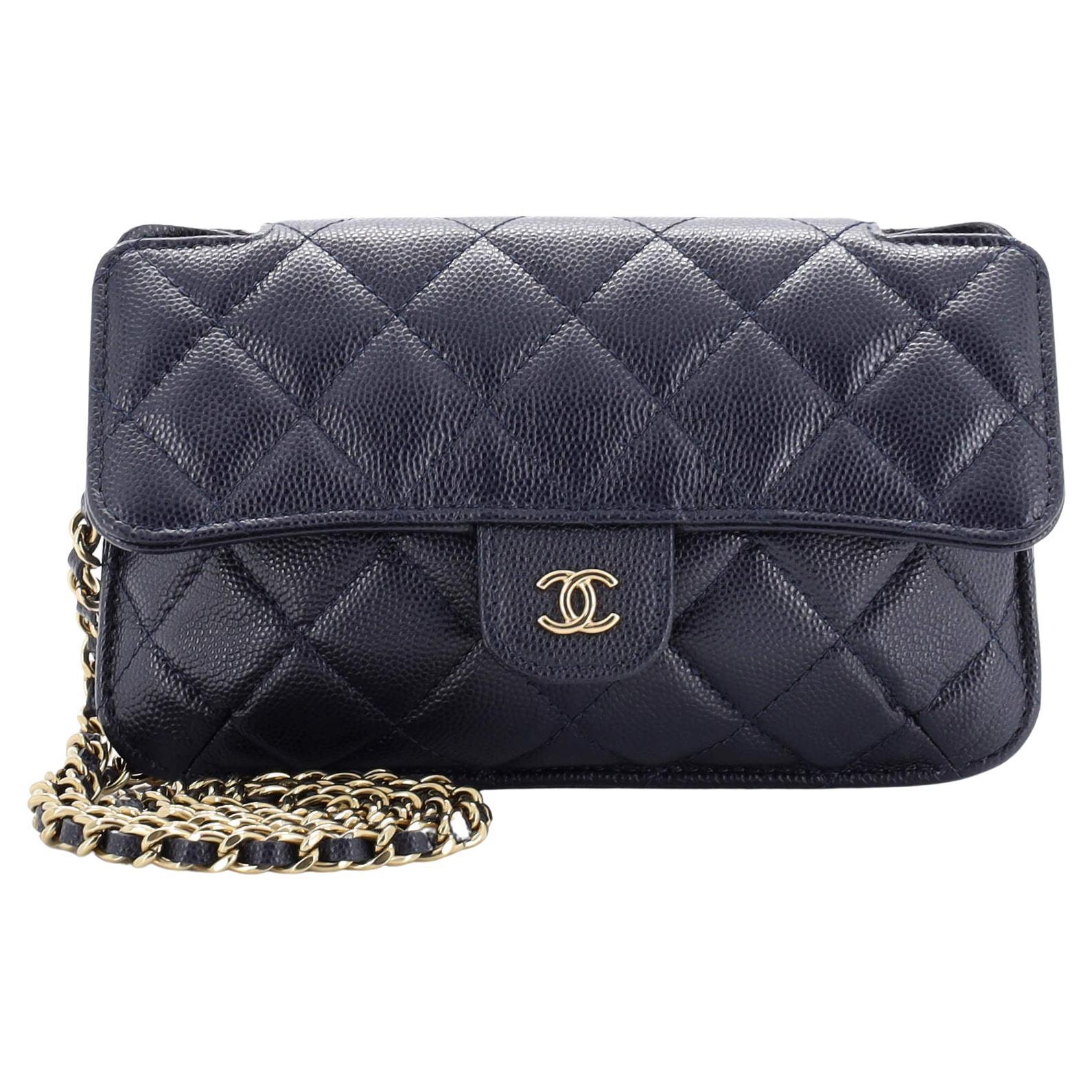 Chanel Foldable Tote Bag with Chain Quilted Caviar with Printed Nylon