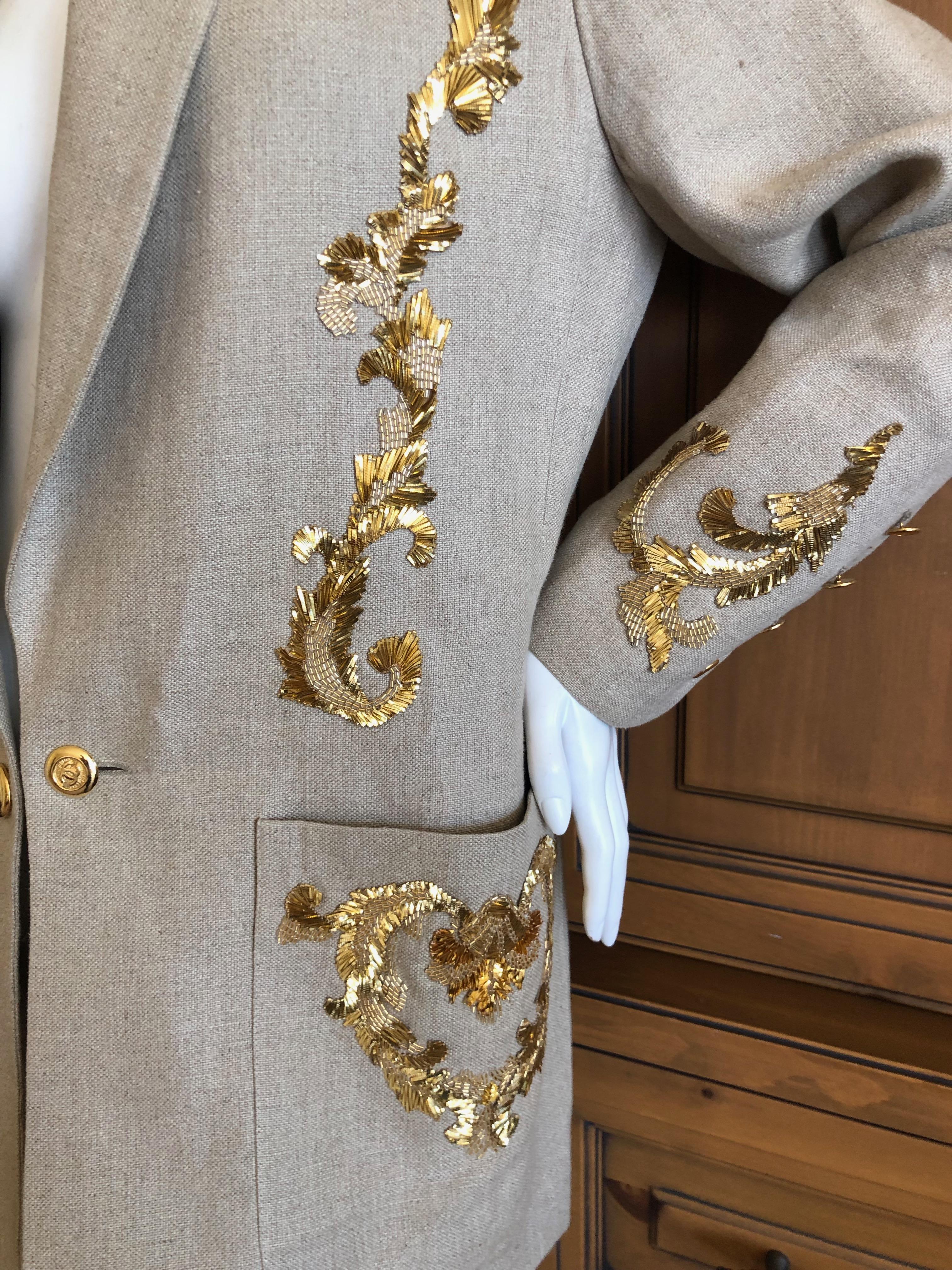 Chanel for Bergdorf Goodman Exquisite Lesage Gold Embellished Linen Jacket In Excellent Condition In Cloverdale, CA