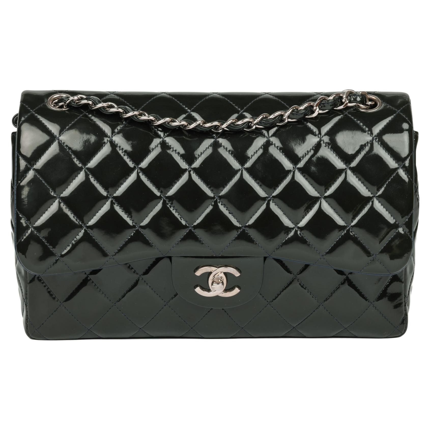 CHANEL Forest Green Quilted Patent Leather Verso Classic Double Flap Bag  For Sale at 1stDibs