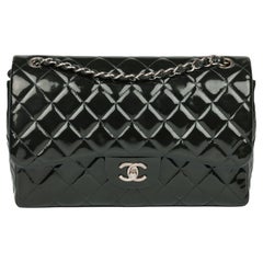 CHANEL Forest Green Quilted Patent Leather Verso Classic Double Flap Bag