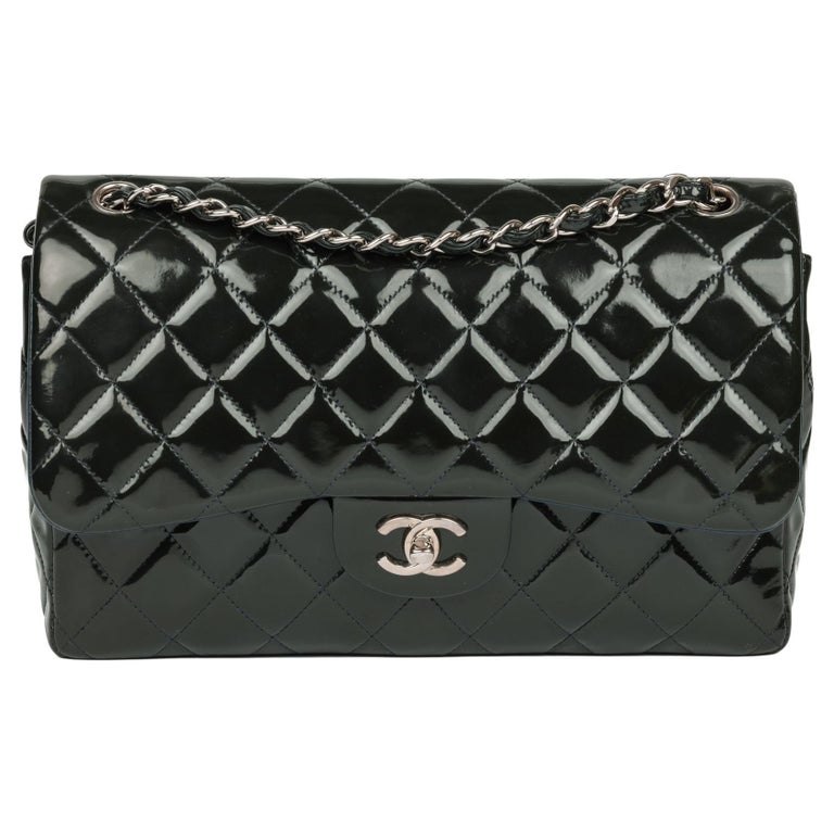 CHANEL Forest Green Quilted Patent Leather Verso Classic Double