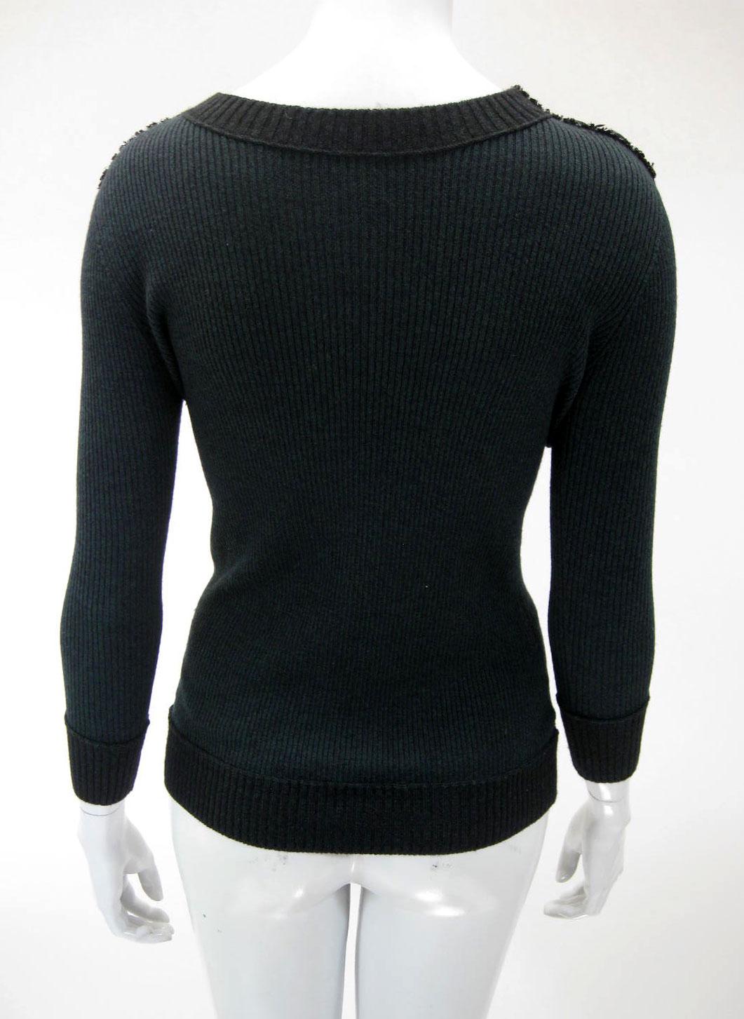 Women's Chanel Forest Green Ribbed Knit Sweater with Tweed Epaulettes
