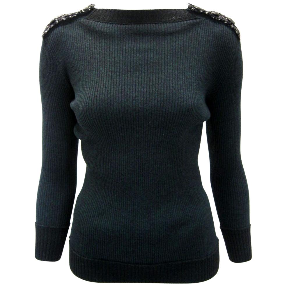 Chanel Forest Green Ribbed Knit Sweater with Tweed Epaulettes