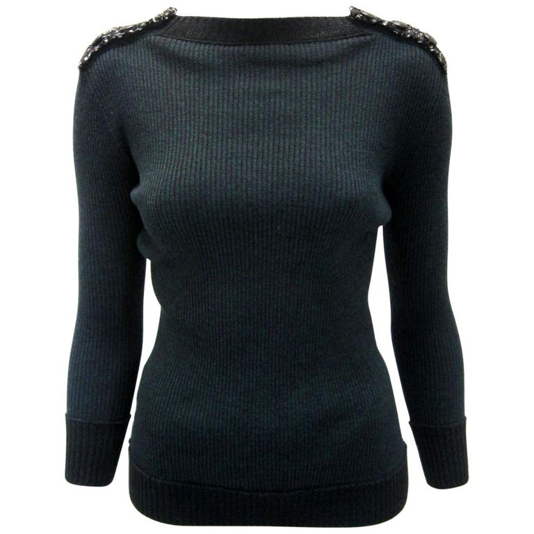 Chanel Forest Green Ribbed Knit Sweater with Tweed Epaulettes at ...