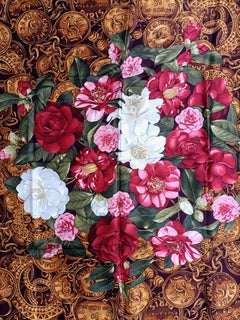 Chanel silk scarf with camellia disgeno and jewels, 1980s vintage