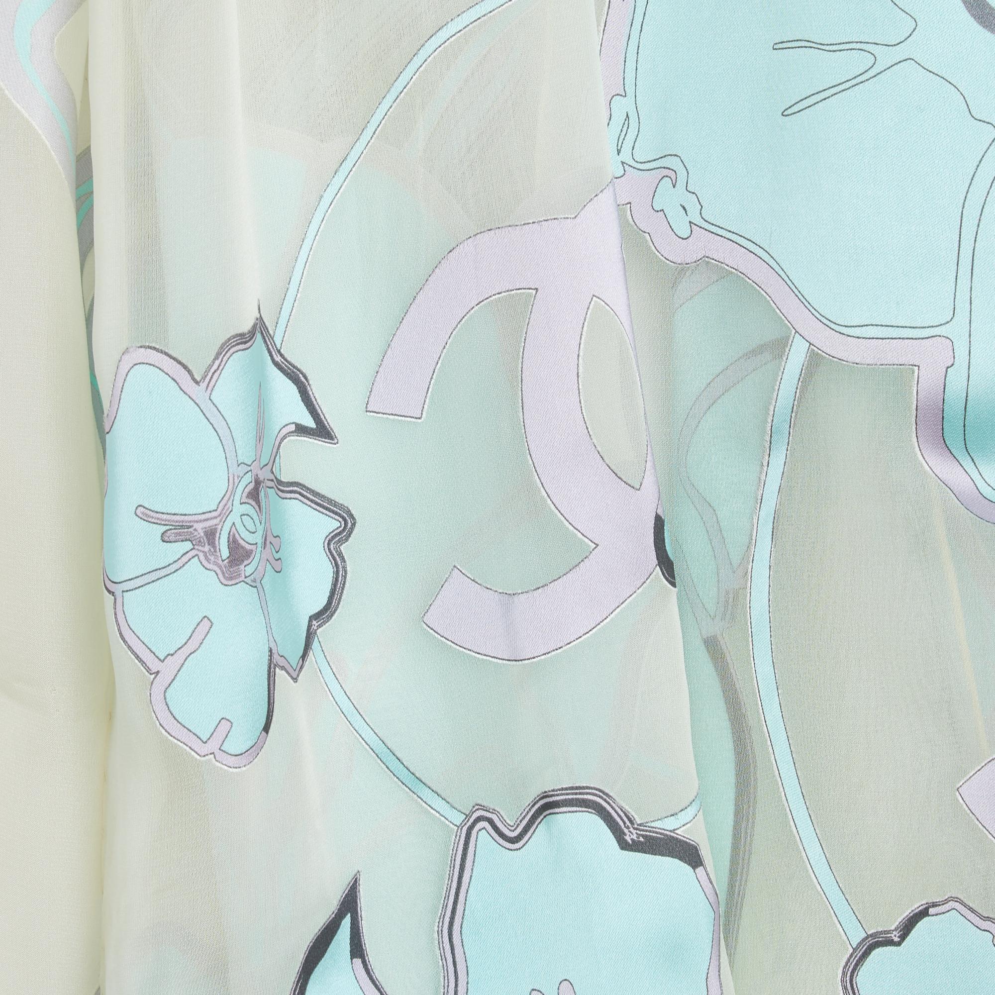 Gray Chanel Foulard Etole Soie Maxi CC Camelia sky blue Silk Stole Scarf Shawl