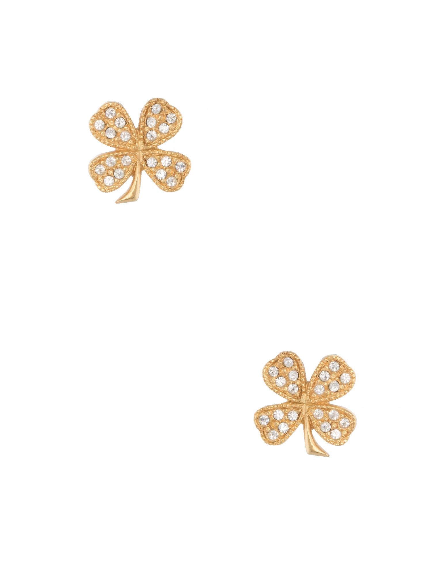 Modern Chanel Four Leaf Clover Stud Earrings Crystal Yellow Gold Tone Circa 1998
