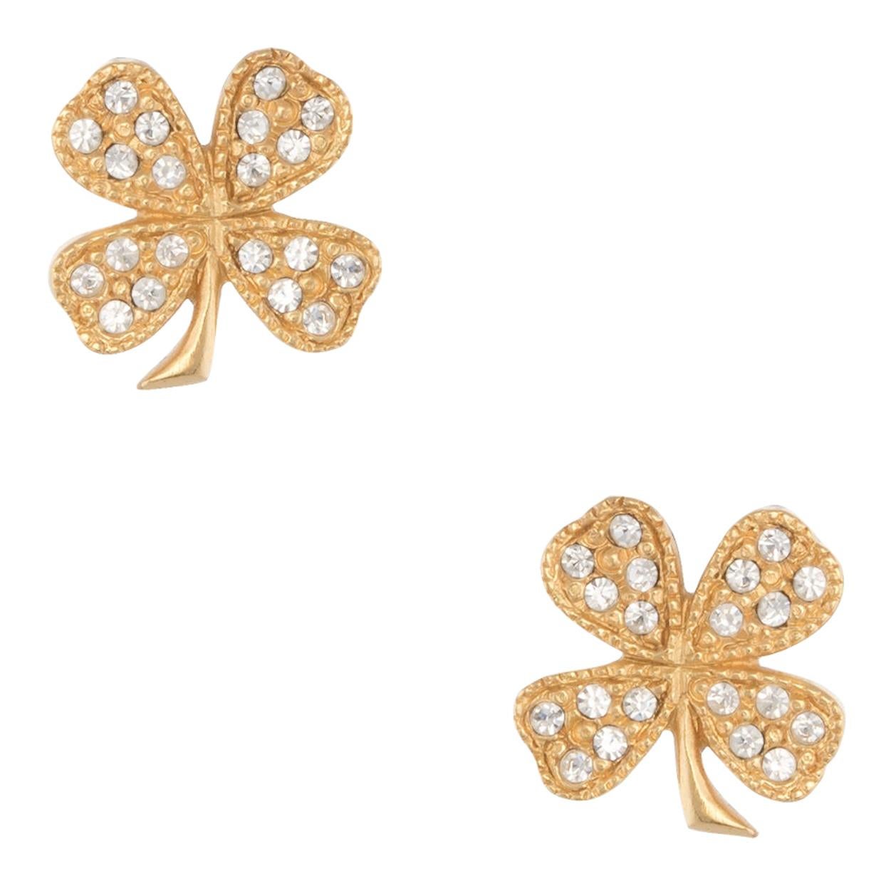 Chanel Four Leaf Clover Stud Earrings Crystal Yellow Gold Tone Circa 1998