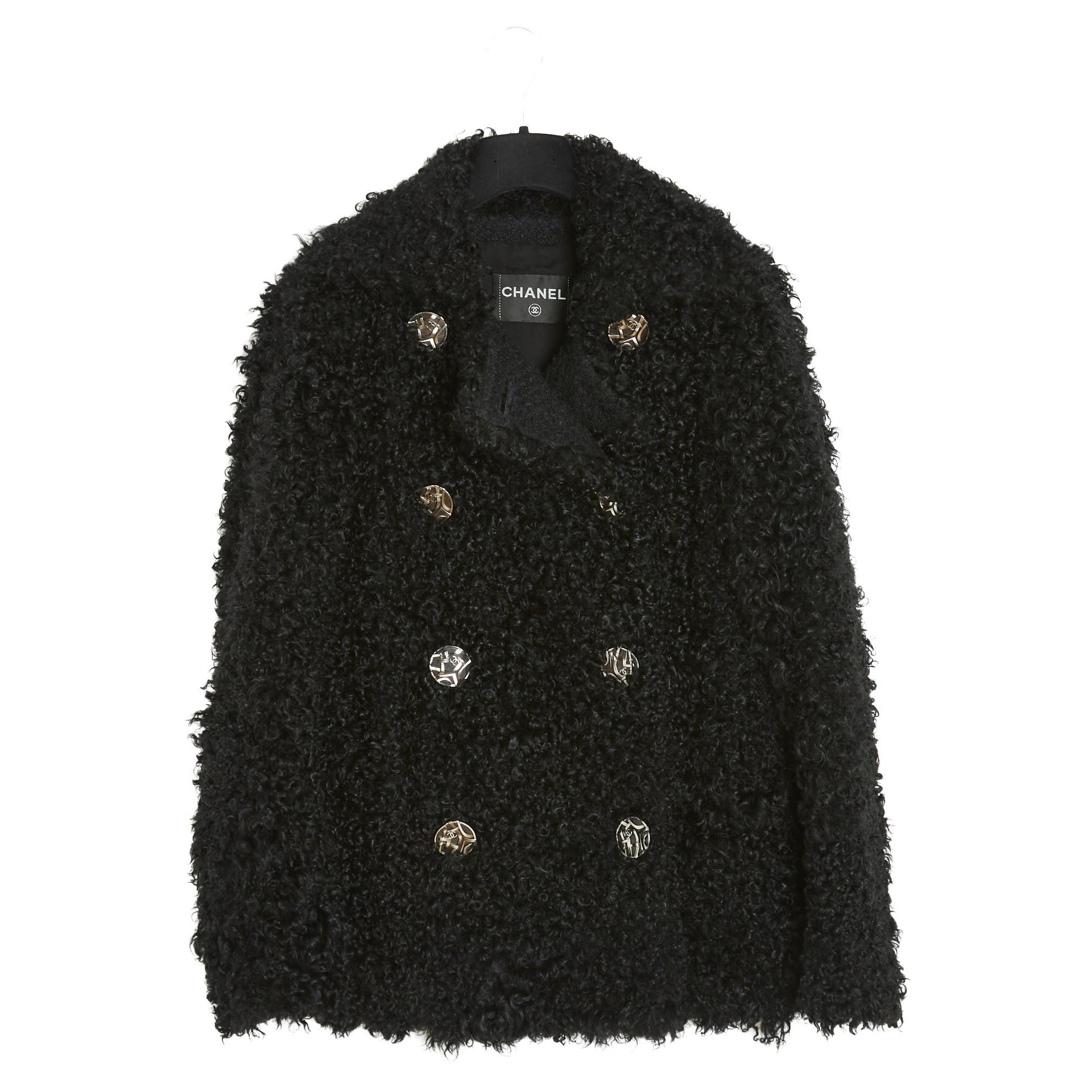 Chanel FR36 Black Shearling Pea Coat Jacket