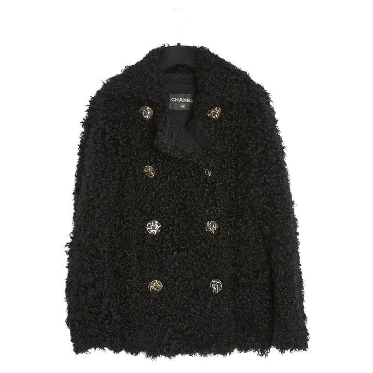Chanel FR36 Black Shearling Pea Coat Jacket For Sale at 1stDibs