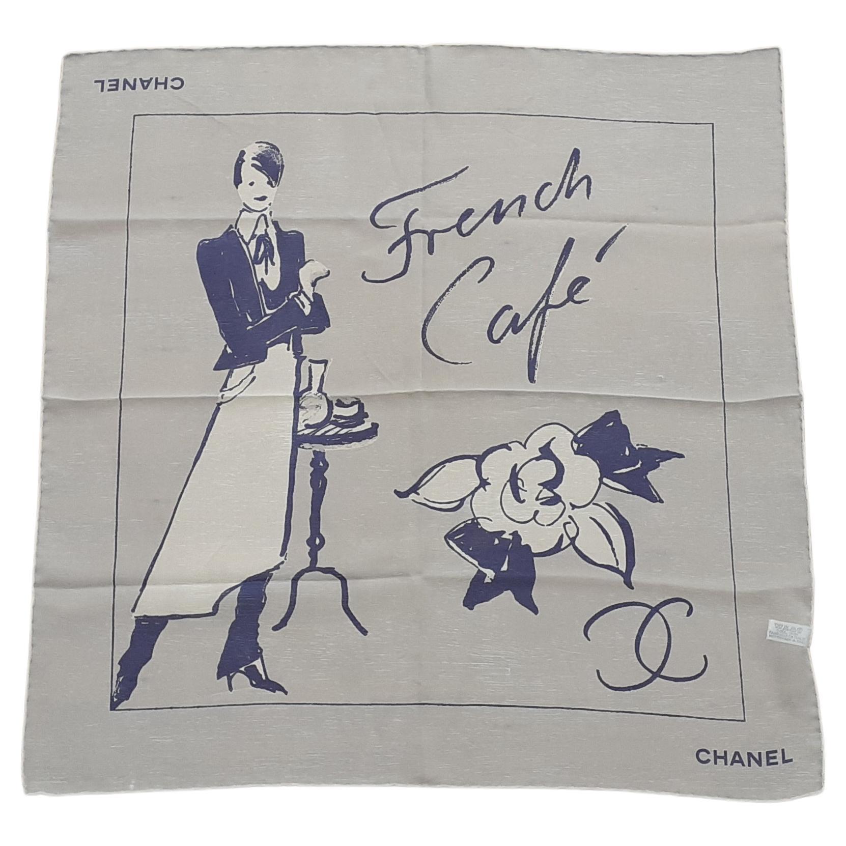 Chanel French Cafe Café Français Chiffon Silk Scarf 58 cm For Sale