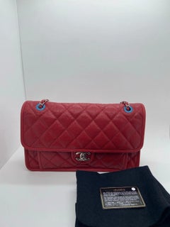 CHANEL French Riviera Flap Bag Red Quilted Grained Calfskin Silver Hardware