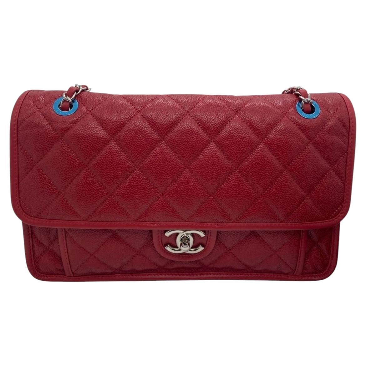 CHANEL French Riviera Flap Bag Red Quilted Grained Calfskin Silver Hardware For Sale