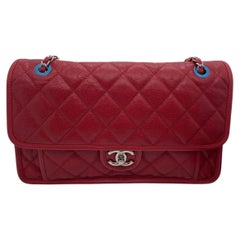 CHANEL French Riviera Flap Bag Rotes gestepptes genarbtes Kalbsleder Silberne Hardware