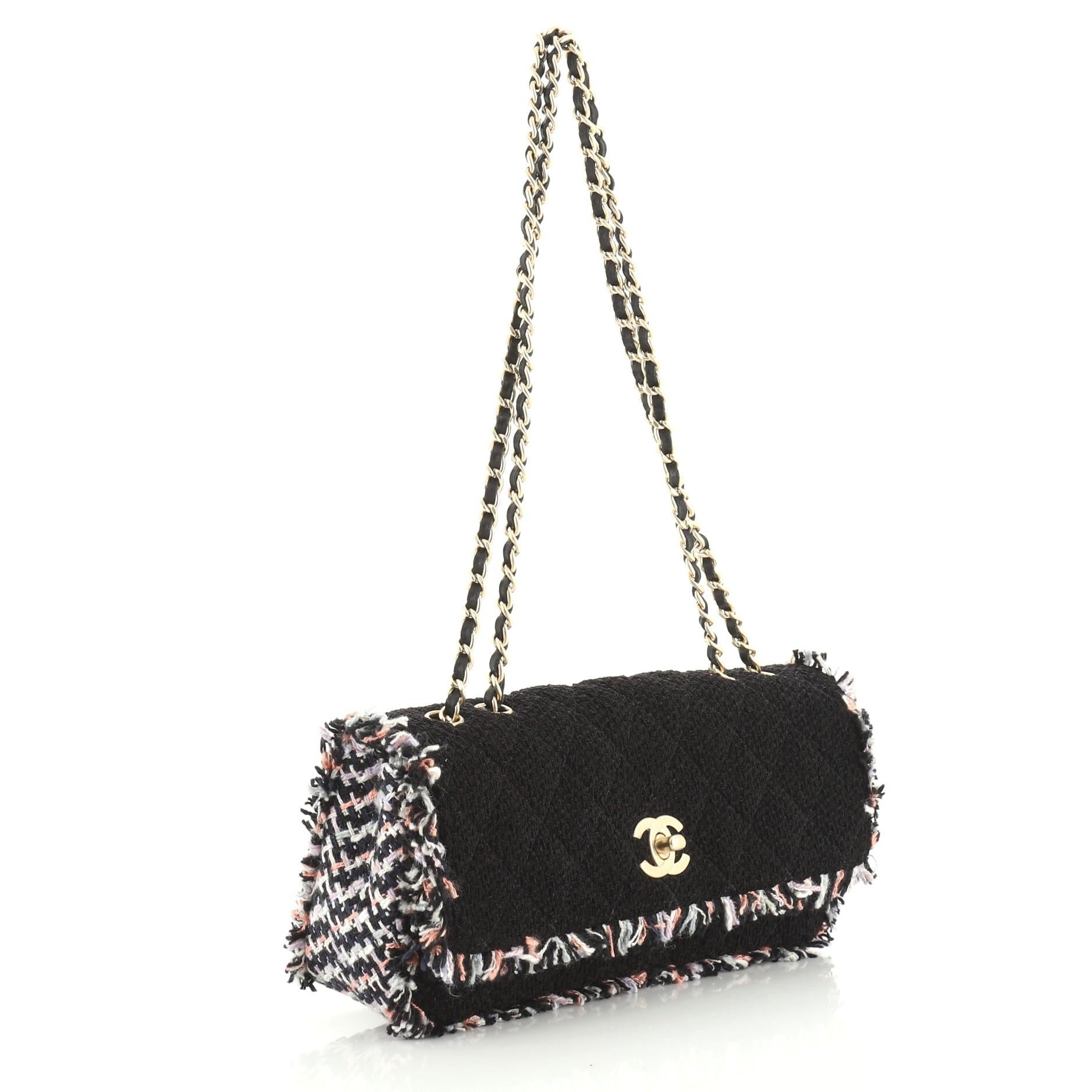 Black Chanel Fringe Chain Flap Bag Tweed East West