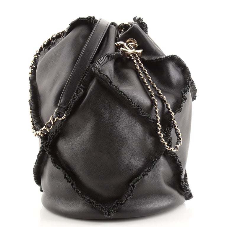 Chanel Fringed CC Drawstring Bucket Bag Quilted Lambskin Small For Sale