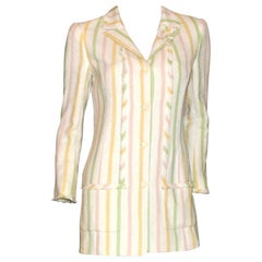 Chanel Fringed Striped Pastels Tweed Jacket CC Logo Buttons & Clover Brooch 40