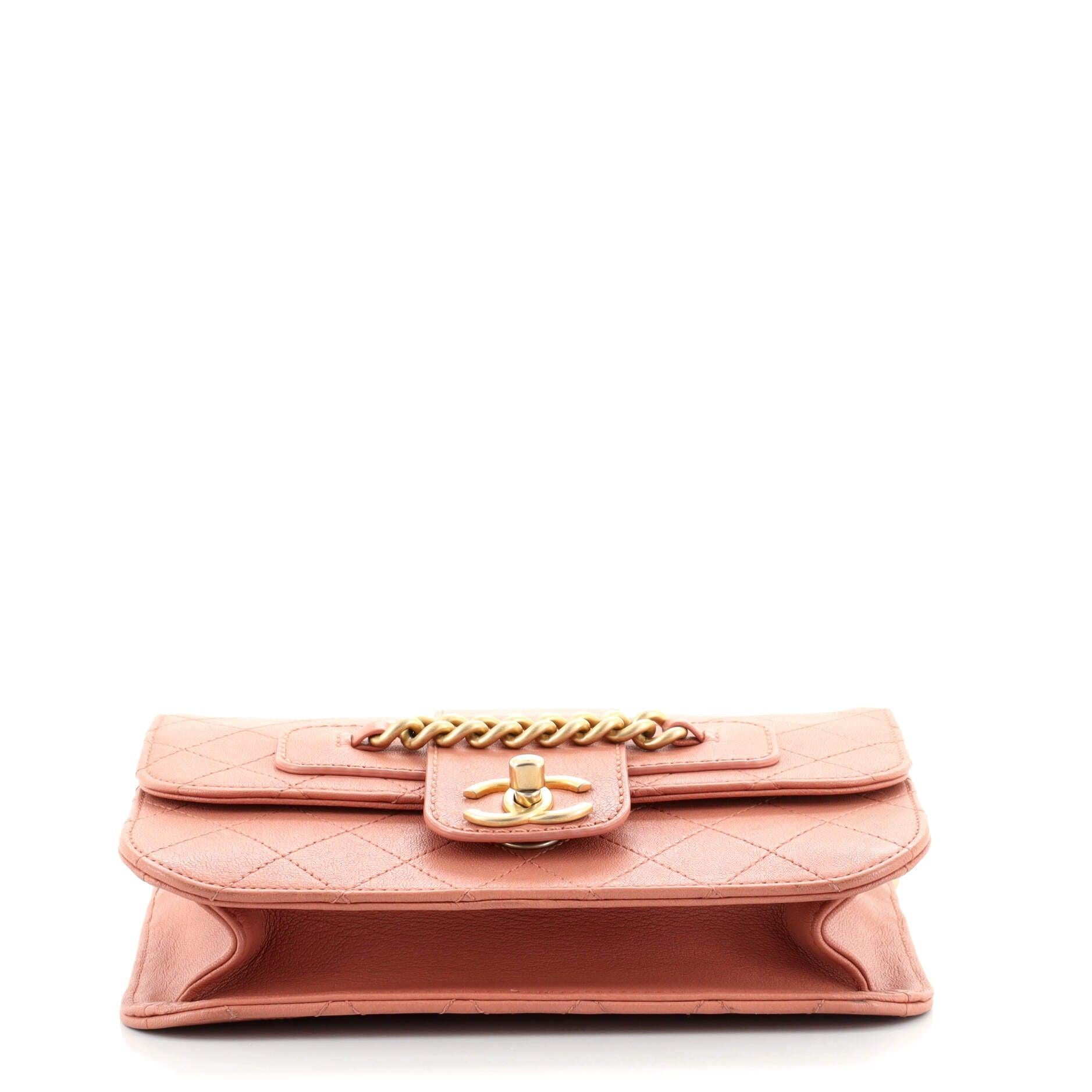 Orange Chanel Front Chain Flap Bag Quilted Sheepskin Medium