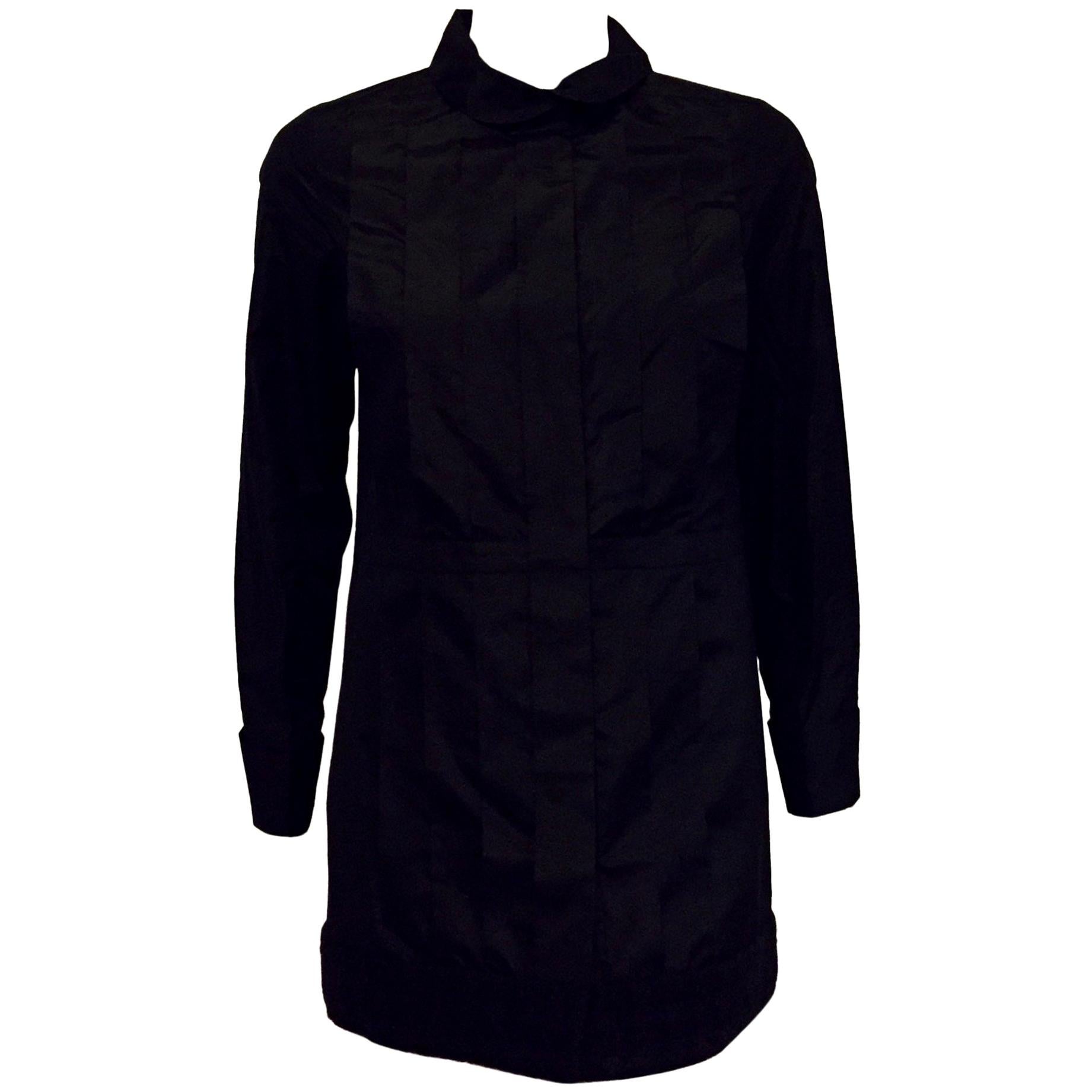 Chanel Front Pleated Blouse with Round Collar in Black Silk  For Sale