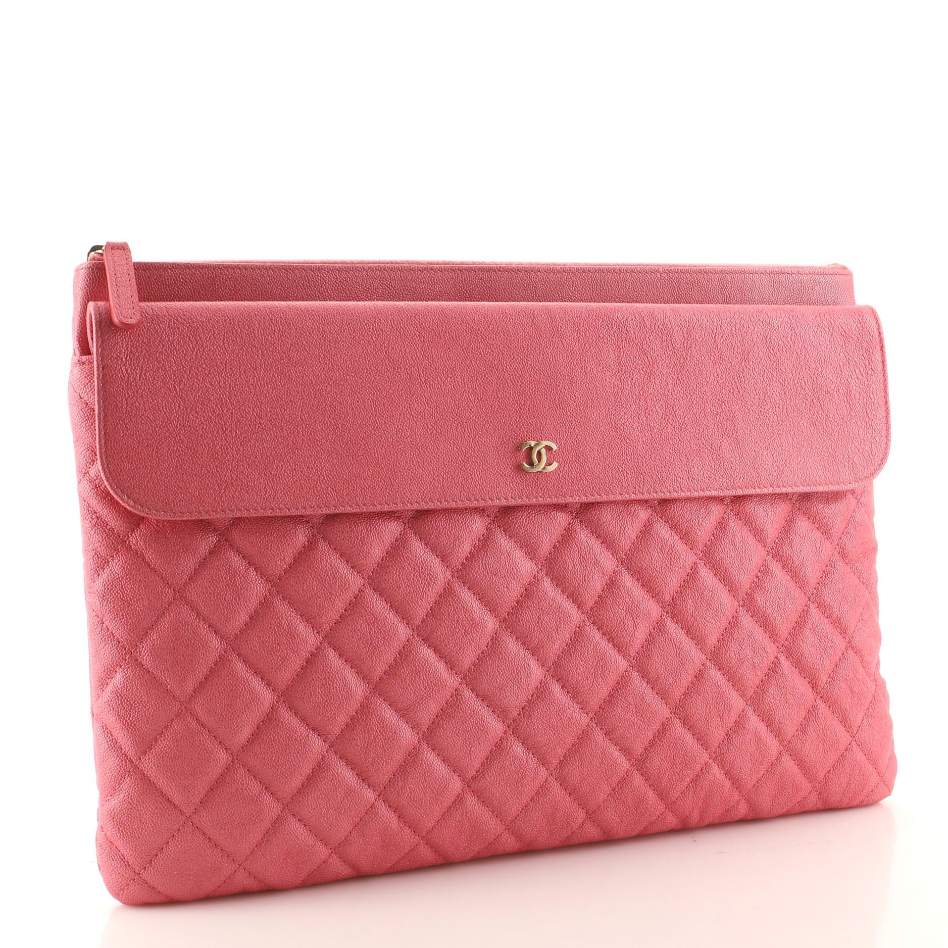 Pink Chanel Front Pocket O Case Pouch Quilted Iridescent Caviar Large