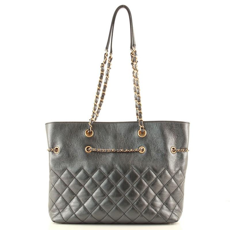 Gray Chanel Front Zip CC Drawstring Chain Tote Quilted Calfskin Medium