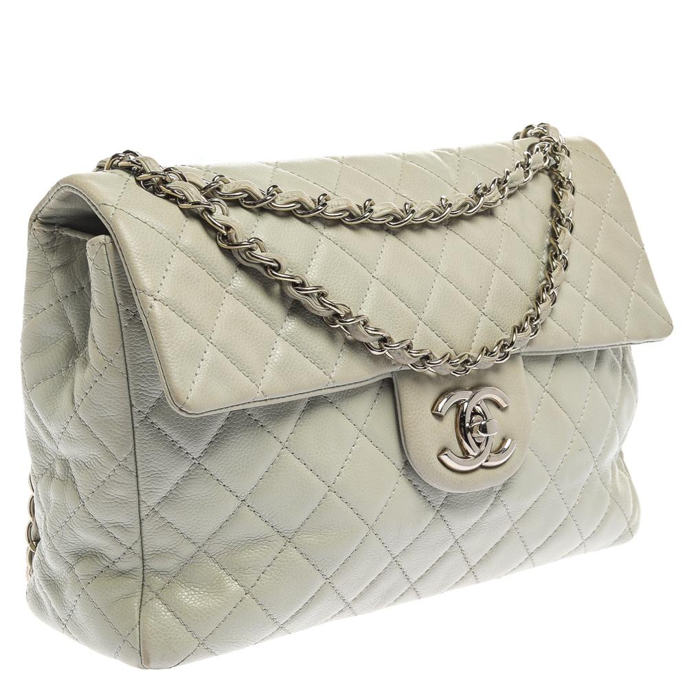 Gray Chanel Frosty Mint Quilted Leather Maxi Classic Double Flap Bag